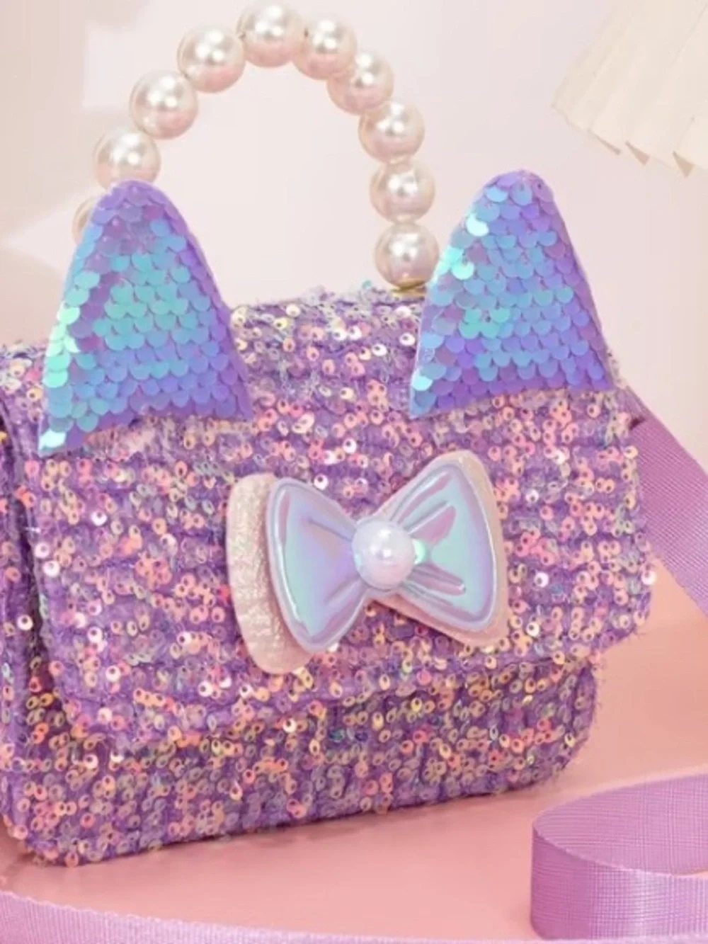 Purple Sequin Cat Ear Kids Crossbody Bag with Pearl Handle